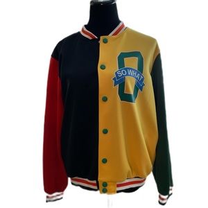 SHEIN Womens SZ L Color Blocked “So What” Letter Bomber Streetwear Jacke…